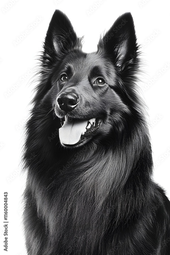 Black and white portrait of a Keeshond dog, looking to the side with long hair and black ears, white background Black and white portrait of a Keeshond dog, looking to the side with long hair and black ears, white background