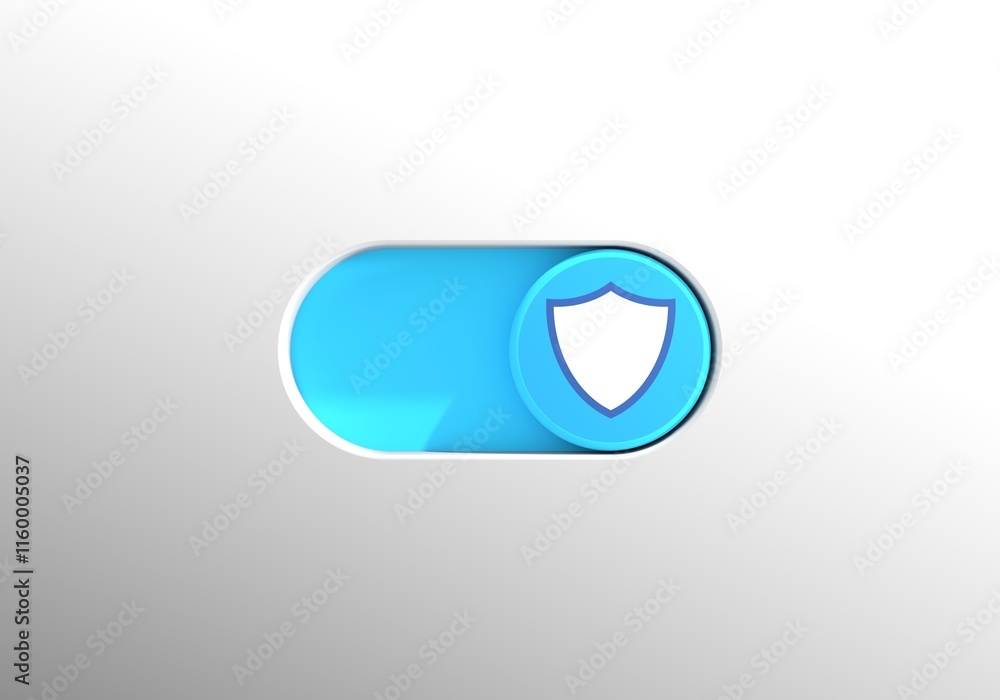 Toggle switch button with shield icon. Cyber security concept. 3D render Toggle switch button with shield icon. Cyber security concept. 3D render