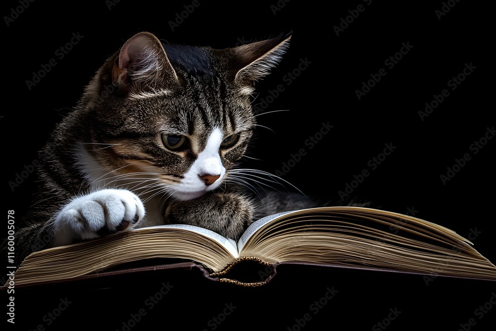 A cat reading an open book, against a black background A cat reading an open book, against a black background