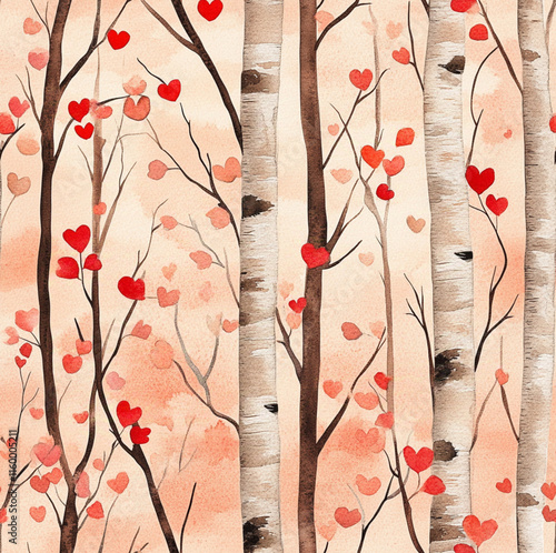 watercolor woodland birch trees pattern, valentine's day theme, red, brown and pink colors photo