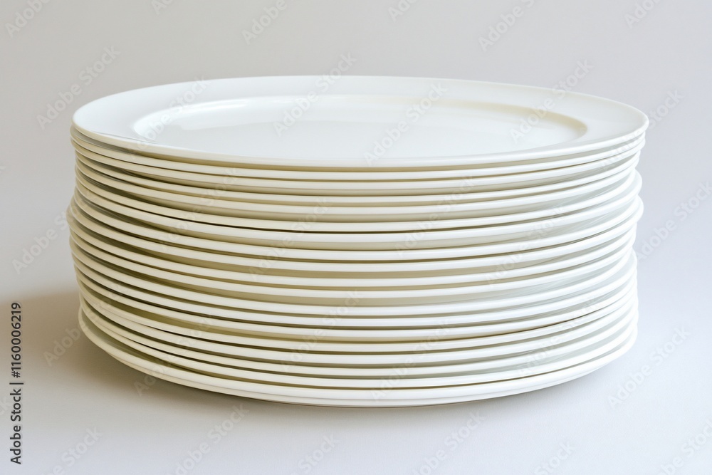 A stack of clean, white dinner plates arranged neatly. A stack of clean, white dinner plates arranged neatly.