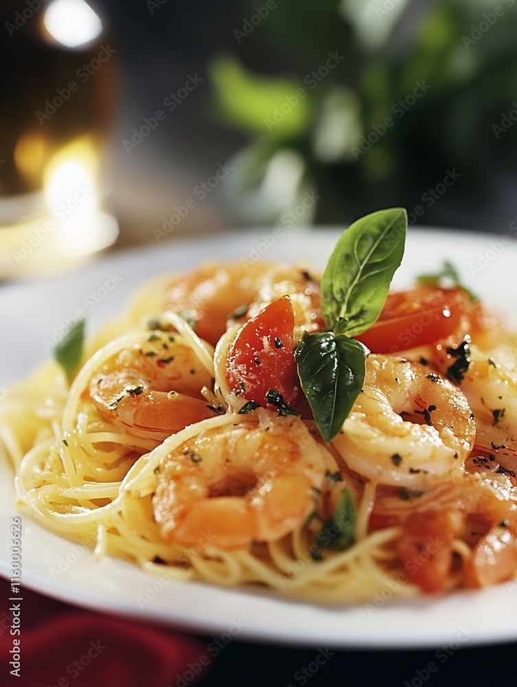Fototapeta premium Rich Shrimp Pasta Dish with Delicious Fresh Herbs and VineRipened Tomatoes : Generative AI