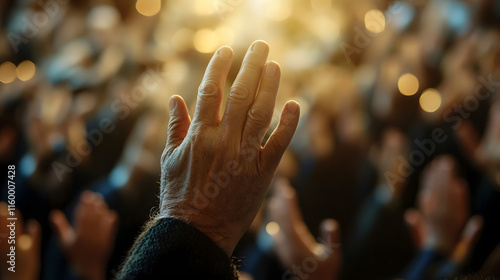 Inspirational Image of Raised Hands During Uplifting Group Gathering in Warm Lighting : Generative AI photo