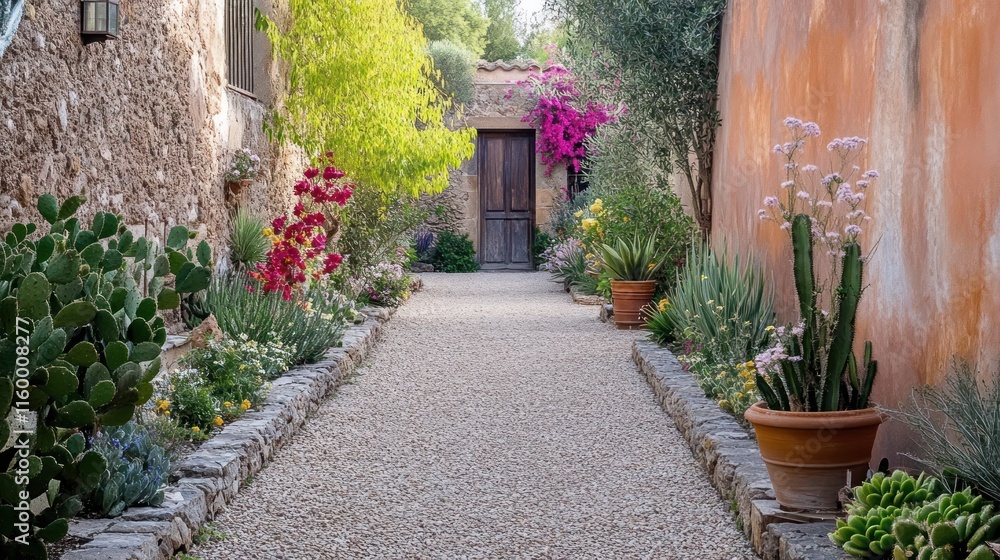 Fototapeta premium Mediterranean-inspired dry garden design, gravel walkways framed by natural stone borders, small cacti and flowering plants, rustic simplicity, 
