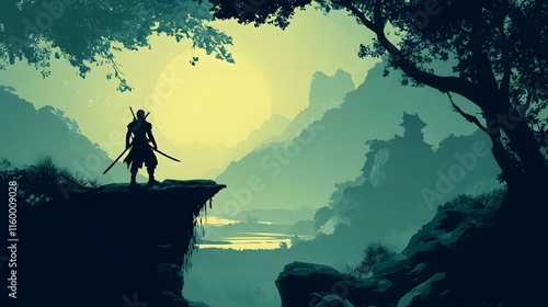 Obraz na płótnie Epic landscape with warrior silhouette, natural setting w salonie