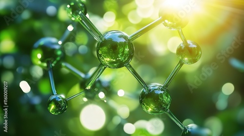 A close-up of green, carbon-based molecules, with sunlight filtering through leaves in the background.highlighting its eco-friendly nature.