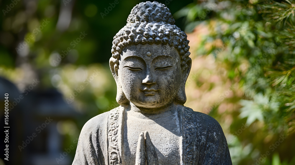 Close Up of a Stone Buddha Statue Surrounded by Lush Green Foliage : Generative AI Close Up of a Stone Buddha Statue Surrounded by Lush Green Foliage : Generative AI