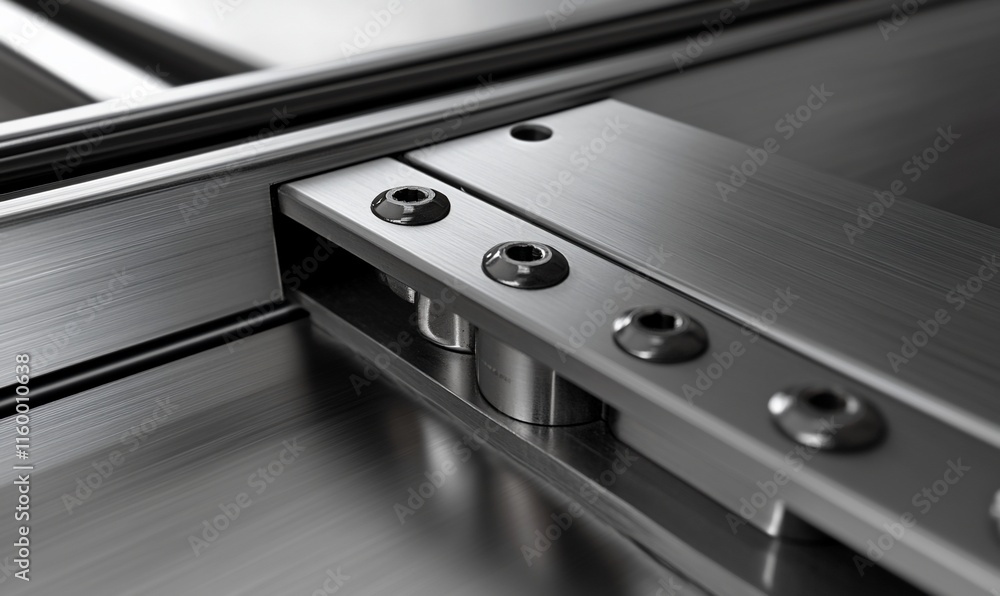 Close-up of a metallic linear guide system for smooth motion. Close-up of a metallic linear guide system for smooth motion.