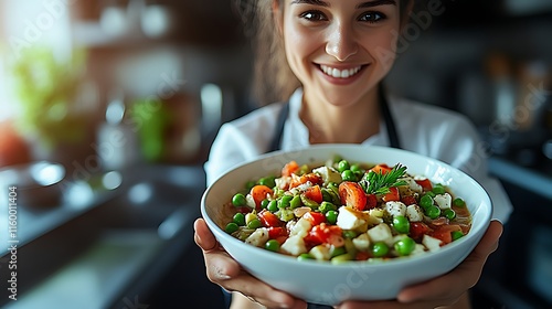 Woman Holding Bowl Of Delicious Vegetable Salad