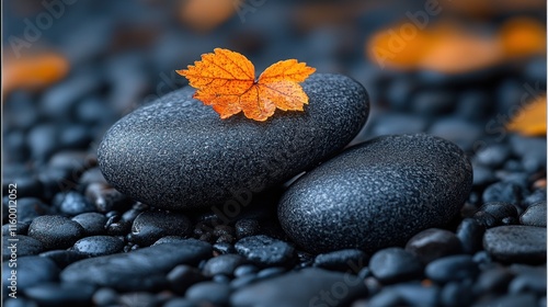 Autumn leaf on dark stones.