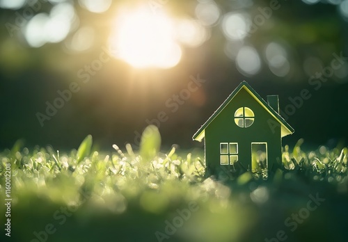 Wallpaper Mural A small house silhouette on green grass with a sunlit bokeh background, a real estate concept.  Torontodigital.ca