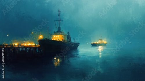 The soft, glowing lights from the ship and dock contrast with the deep blues of the calm sea, creating a peaceful yet industrious scene,