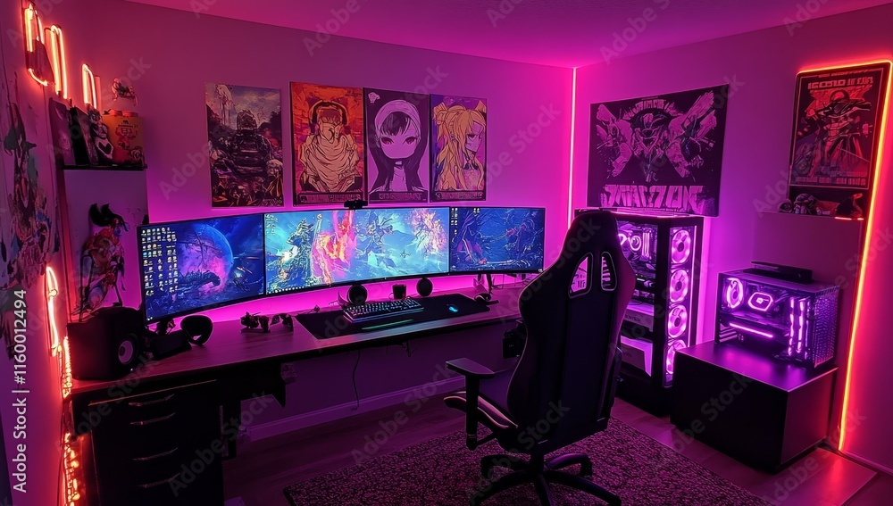 Pink & purple RGB gaming setup with ultrawide monitors, posters, and neon lights. Pink & purple RGB gaming setup with ultrawide monitors, posters, and neon lights.
