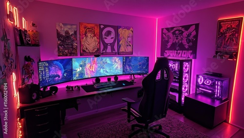 Pink & purple RGB gaming setup with ultrawide monitors, posters, and neon lights. photo