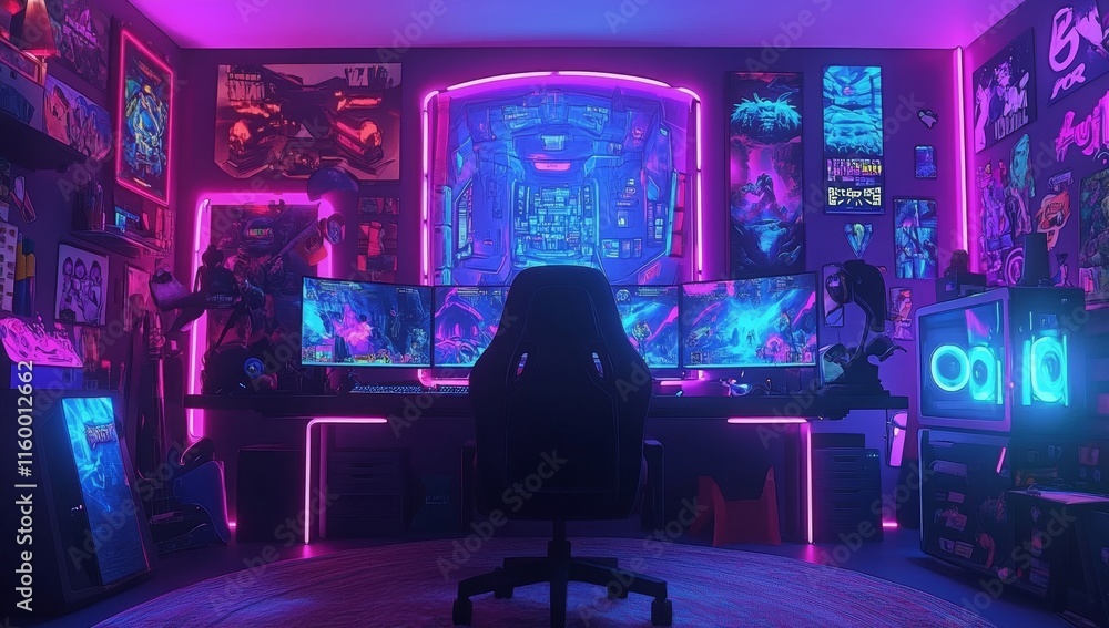 Neon-lit gamer room with multiple monitors, posters, and gaming setup. Neon-lit gamer room with multiple monitors, posters, and gaming setup.