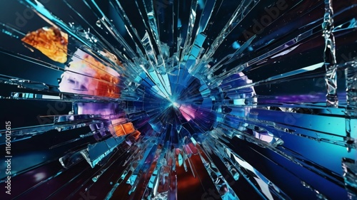 Wallpaper Mural very realistic broken screen effect, with intricate cracks, glass shards, as if destroying the entire screen, with bold and bright colors like neon blue, electric purple and fiery orange. Torontodigital.ca