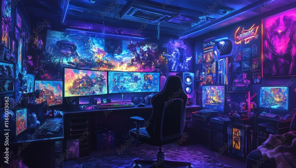 Vibrant gaming room setup with multiple monitors, neon lights, and gaming chair. Vibrant gaming room setup with multiple monitors, neon lights, and gaming chair.