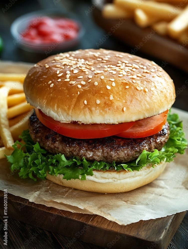 Juicy beef burger with fresh lettuce tomato and crispy fries on wooden board : Generative AI Juicy beef burger with fresh lettuce tomato and crispy fries on wooden board : Generative AI