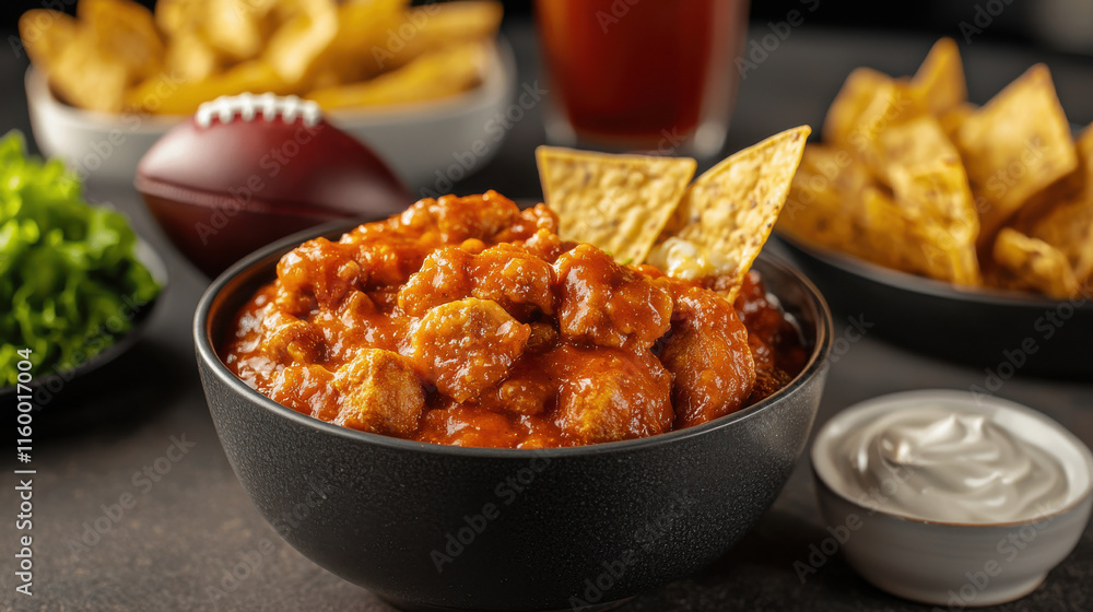 Hearty chili with tortilla chips and sides for game day feast Hearty chili with tortilla chips and sides for game day feast