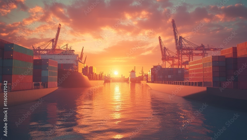 Fototapeta premium Sunset over container ships in harbor.