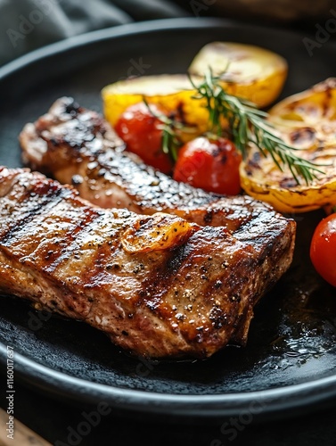 Grilled Rib Eye Steak with Seasoned Vegetables on Black Plate for a Delicious Dinner : Generative AI