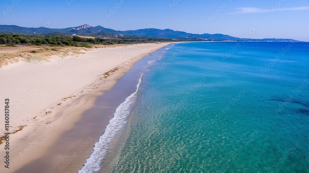 Fototapeta premium Pristine Sandy Beach with Turquoise Waters and Blue Sky in a Serene Coastal Setting : Generative AI