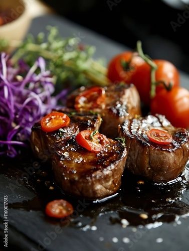 Tender Grilled Beef Steak with Gourmet Sauce and Cherry Tomatoes on a Slate Plate : Generative AI