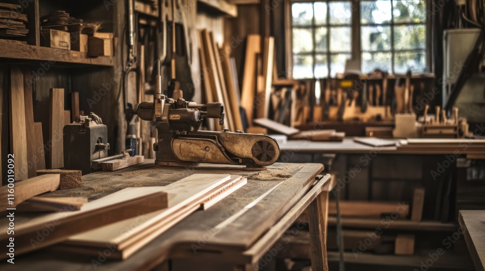 A rustic woodworking workshop with saws and timber, Carpentry equipment and wood pieces meticulously arranged, Vintage artisan style A rustic woodworking workshop with saws and timber, Carpentry equipment and wood pieces meticulously arranged, Vintage artisan style