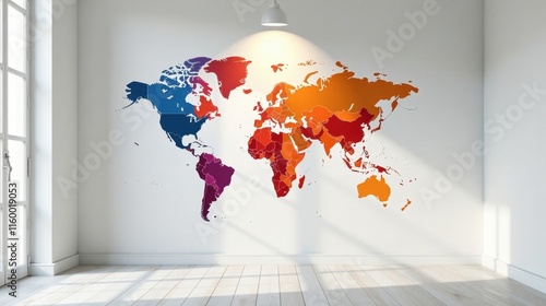 Fototapeta Naklejka Na Ścianę i Meble -  A Vibrant Multicolored World Map Adorning a Modern Room's Wall, Bathed in Sunlight
