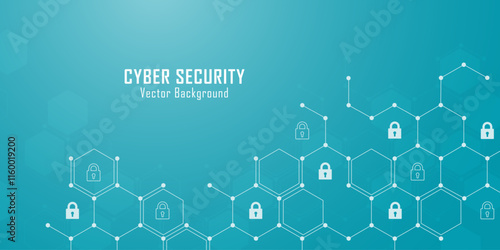 Concept of cybersecurity and network protection. Hexagonal molecules and padlock abstract background for innovation technology, science. Secure technology. Vector illustration.