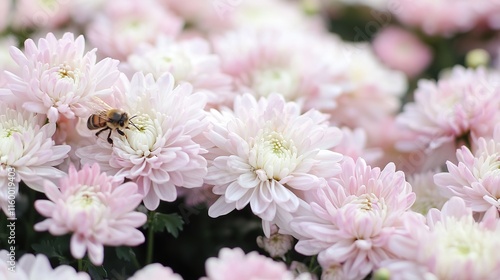 Autumn Garden Delights: A Bee Engaged in Nectar Collection from White Chrysanthemum Flowers