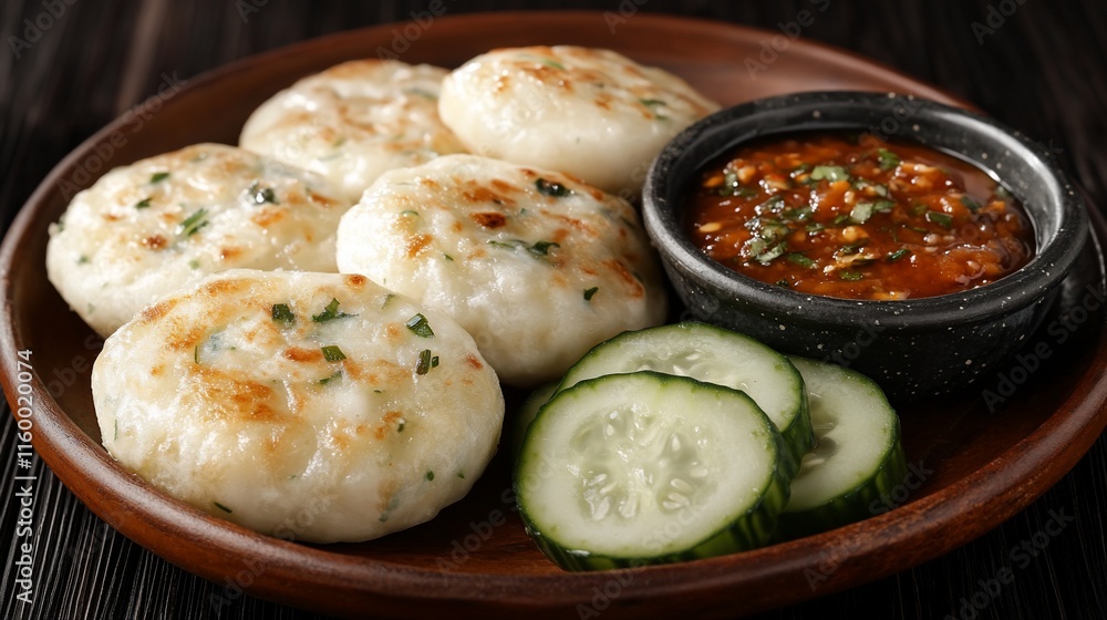 Five fluffy dumplings with cucumber slices and dipping sauce. Five fluffy dumplings with cucumber slices and dipping sauce.