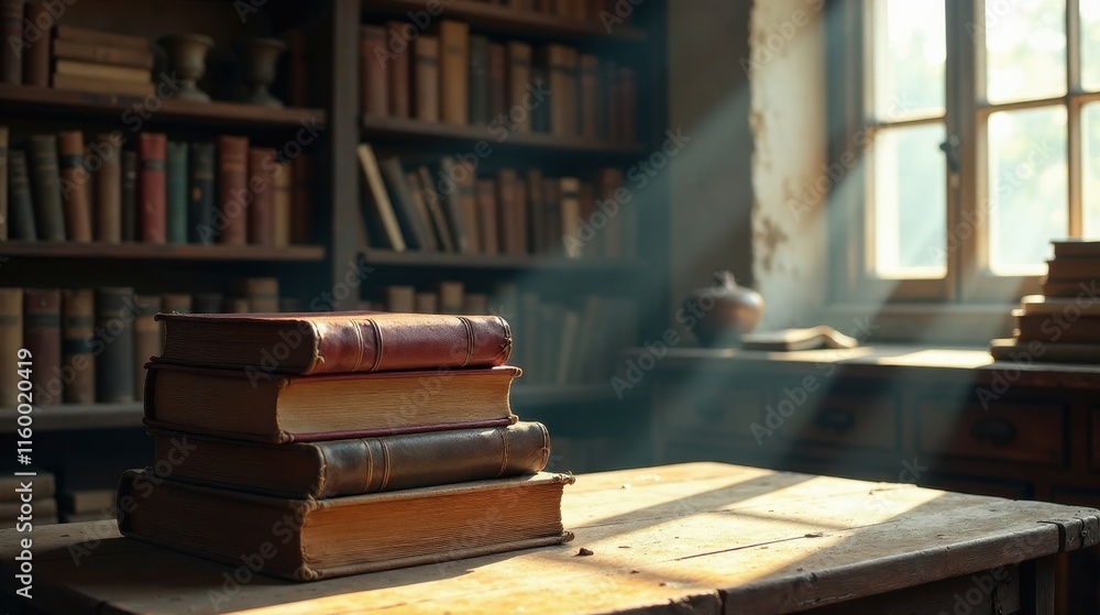 A Stack of Aged Books Bathed in Sunlight on a Rustic Wooden Table in a Room Filled with Bookshelves A Stack of Aged Books Bathed in Sunlight on a Rustic Wooden Table in a Room Filled with Bookshelves