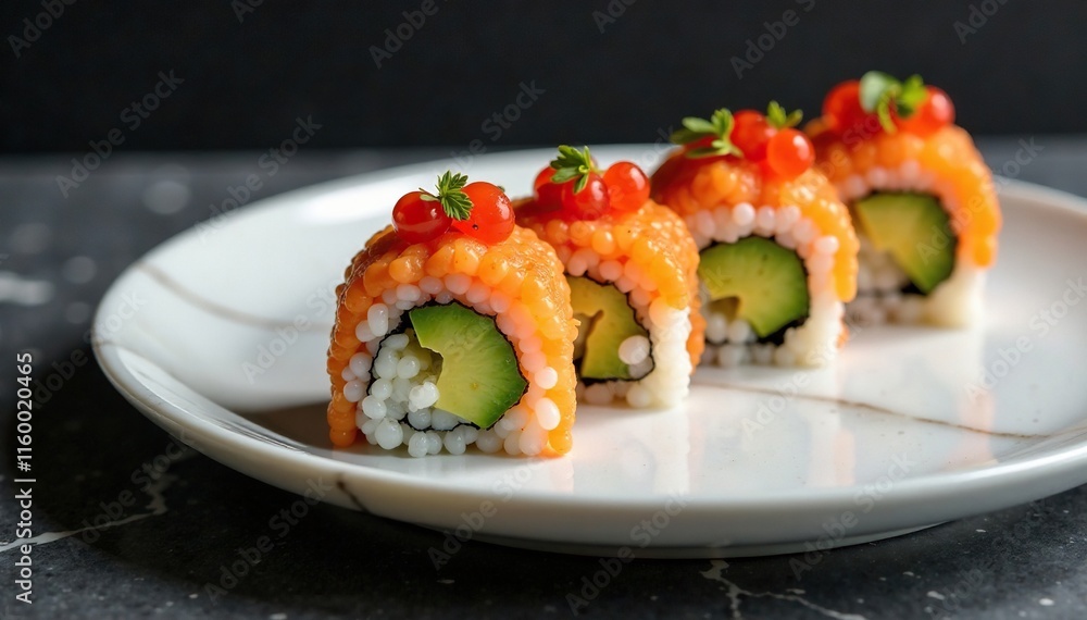 Sushi roll with red caviar and avocado on a marble plate, luxurious, marble, elegant Sushi roll with red caviar and avocado on a marble plate, luxurious, marble, elegant