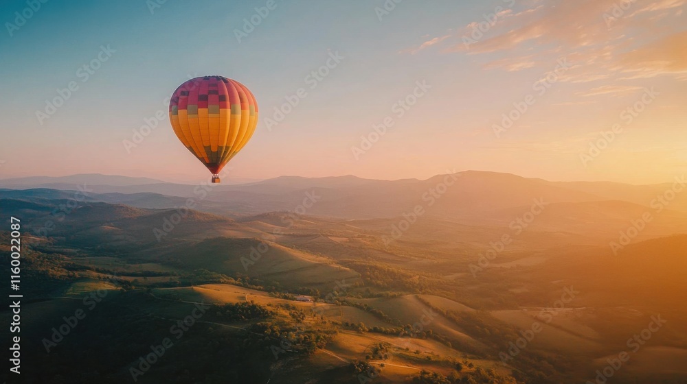 Naklejka premium A scenic hot air balloon ride over rolling hills, Balloon floating against a sunrise sky, Aerial adventure style