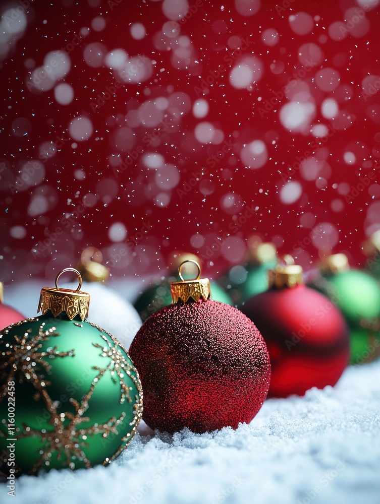 Festive Red and Green Christmas Ornaments with Sparkling Snowflakes on a Bright Background for Holiday Decor and Seasonal Celebrations Festive Red and Green Christmas Ornaments with Sparkling Snowflakes on a Bright Background for Holiday Decor and Seasonal Celebrations