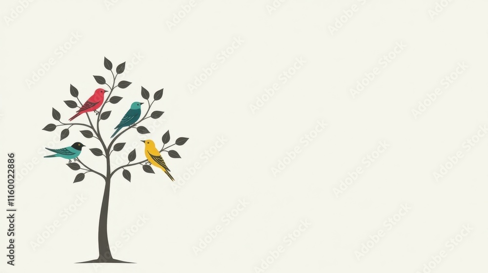 Serene Avian Quartet Perched on a Simple Branchy Tree, Against a Soft, Blank Background, Ideal for Design Projects and Presentations Serene Avian Quartet Perched on a Simple Branchy Tree, Against a Soft, Blank Background, Ideal for Design Projects and Presentations