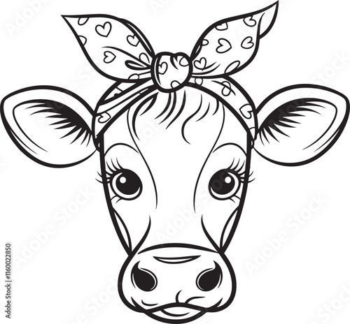 A cow's face, adorned with a patterned bandana tied into a bow on its head 