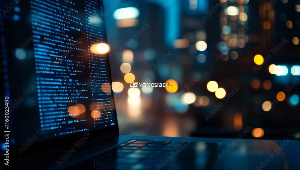 Fototapeta premium Night city bokeh lights blurred background, laptop screen displaying code.