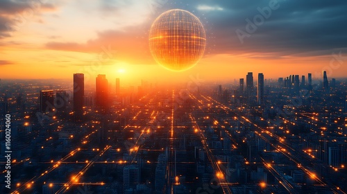 Futuristic Cityscape Illuminated at Sunset with Global Network