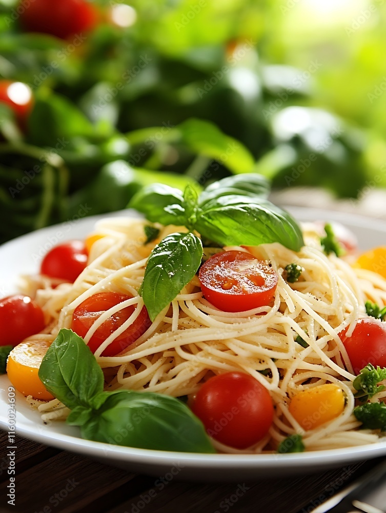 Spaghetti Pasta with Cherry Tomatoes and Basil in an Elegant White Bowl : Generative AI Spaghetti Pasta with Cherry Tomatoes and Basil in an Elegant White Bowl : Generative AI