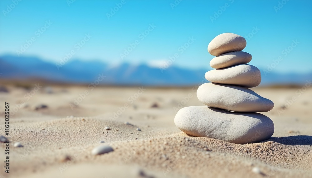 stones, balanced, three, arrangement, simple, sandy, surface, mountain, range, distant, clear, blue, sky, serene, tranquil, harmony, zen, nature, peaceful, minimalist, outdoors, calm, alignment, 