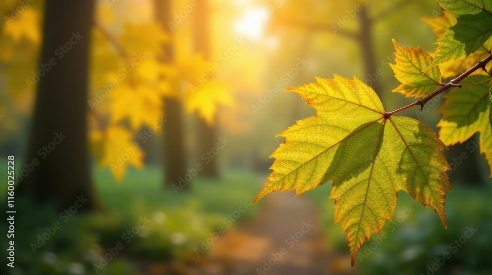 Golden Autumn Leaf Illuminated by Morning Sun in a Tranquil Woodland Setting Golden Autumn Leaf Illuminated by Morning Sun in a Tranquil Woodland Setting