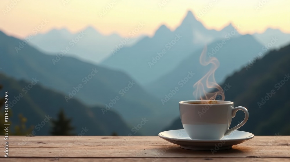 Aromatic Steam Rising from a Coffee Cup, Set Against a Serene Mountain Vista at Dawn Aromatic Steam Rising from a Coffee Cup, Set Against a Serene Mountain Vista at Dawn