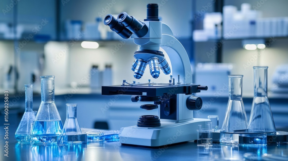 Cutting-Edge Laboratory Microscope with Blue Chemical Solutions in a Modern Science Research Environment Cutting-Edge Laboratory Microscope with Blue Chemical Solutions in a Modern Science Research Environment