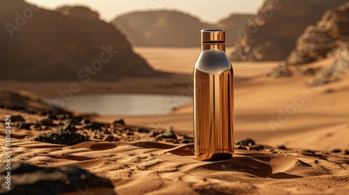 Fototapeta Naklejka Na Ścianę i Meble -  Reflective Metal Water Bottle on Sandy Desert Landscape with Rocky Formations in Golden Hour Lighting Capturing Outdoor Adventurewater bottle