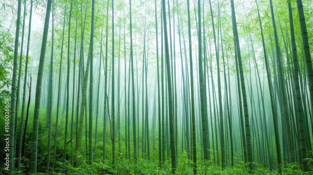 Misty bamboo forest, tall green stalks, tranquil nature scene. Misty bamboo forest, tall green stalks, tranquil nature scene.