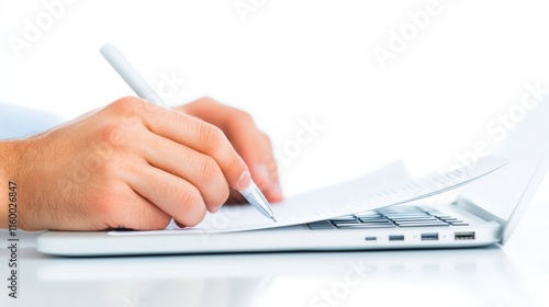 Close-up of fingers editing a document on a laptop, isolated on white photo