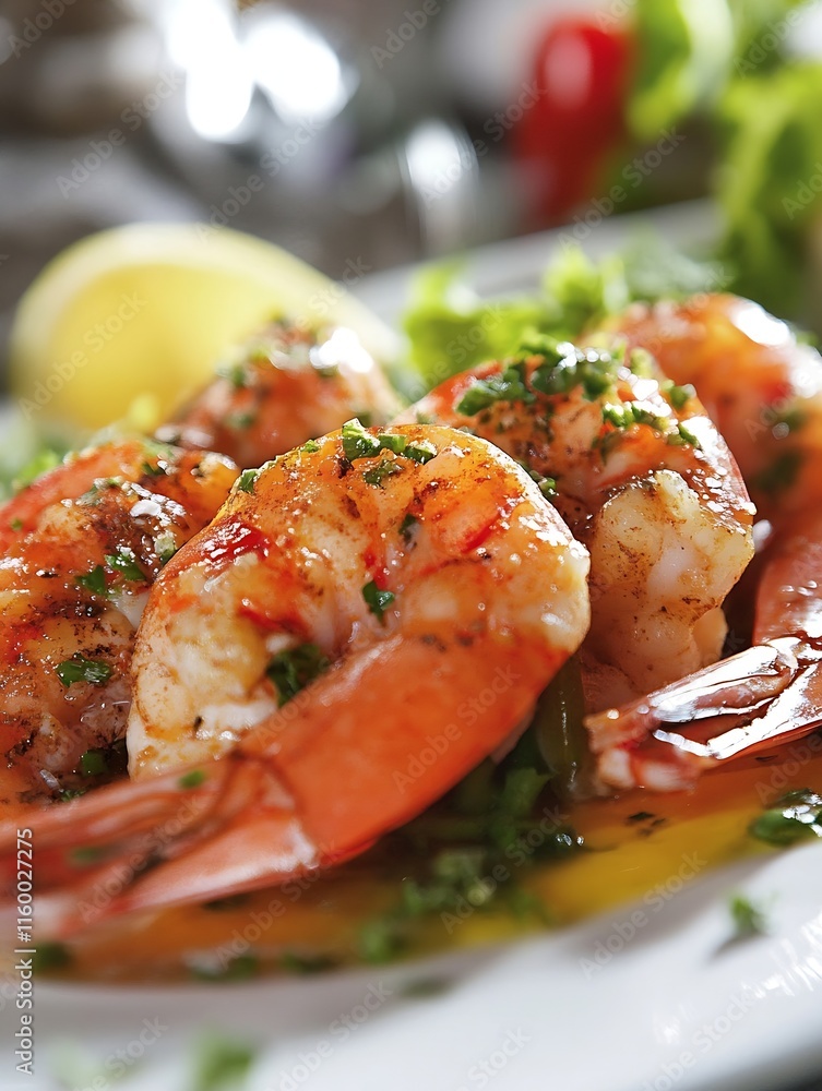 Close up of grilled shrimp dish with herbs and lemon gourmet seafood appetizer : Generative AI Close up of grilled shrimp dish with herbs and lemon gourmet seafood appetizer : Generative AI