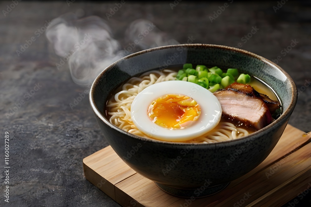 A bowl of ramen featuring tender pork slices and a soft-boiled egg, garnished with green onions and seaweed. A bowl of ramen featuring tender pork slices and a soft-boiled egg, garnished with green onions and seaweed.